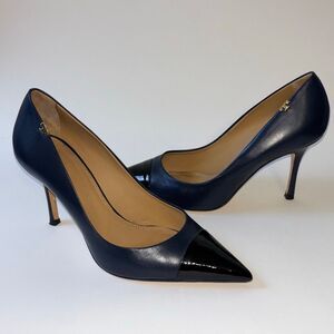 Tory Burch Penelope Pump Shoe Heel Navy Leather/black patent toe Sz 8 85mm EUC